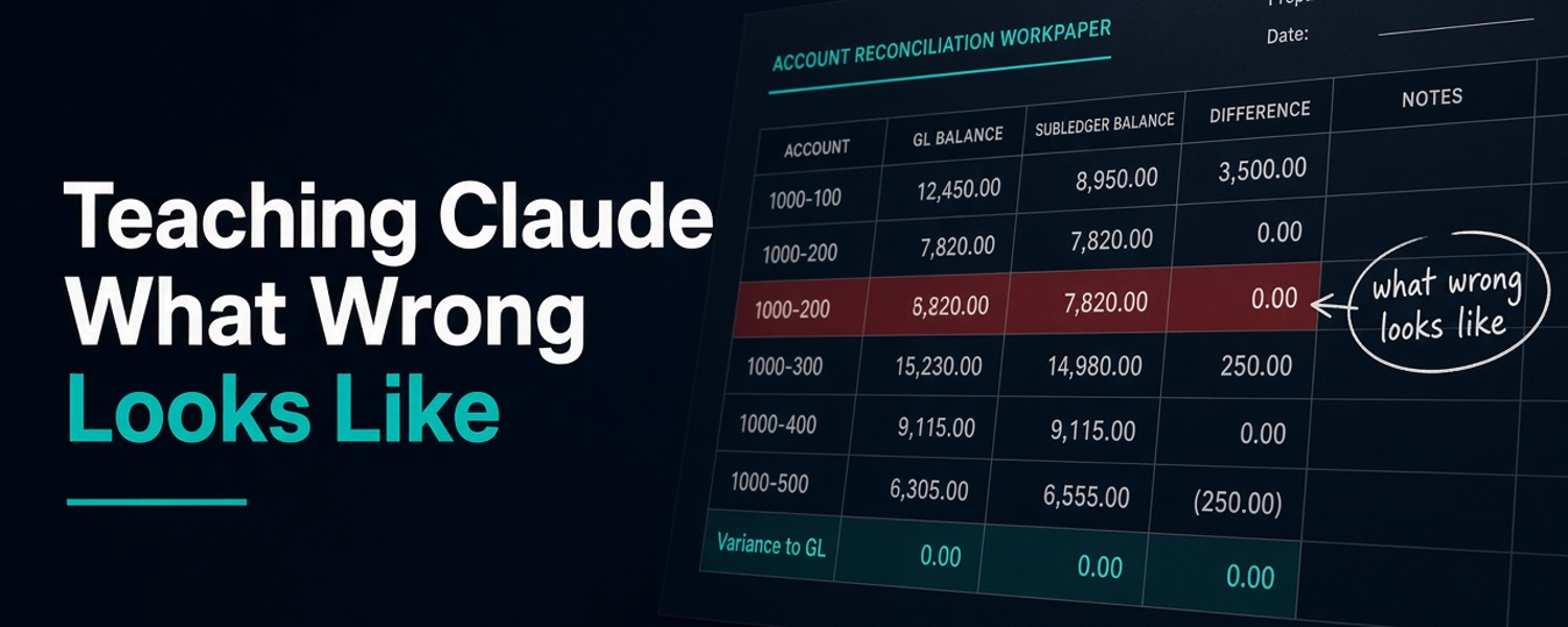 Reconciliation workpaper ending in a Variance to GL row showing $0.00